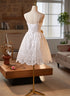 White Lace Short Straps Lace-up Party Dress, White Lace Formal Dress Evening Dress